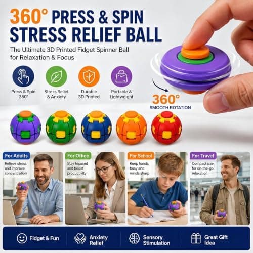 Fidget Spinner Dekompressionskugle, 360° Tryk & Drej Fidget Kugle, 3D-printet Finger Dekompression Roterende Kugle Sensorisk Fidget Sjov Skrivebordslegetøj til Blue
