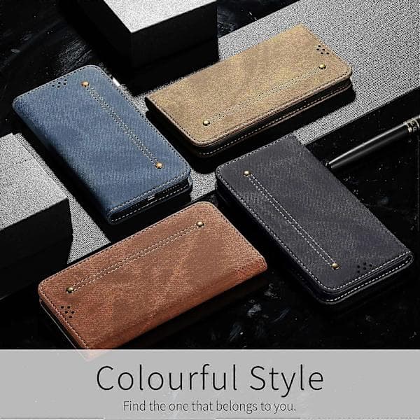 Stødsikkert Wallet Case med Stativ i PU Læder og Denim Tekstur til iPhone 15 Plus
