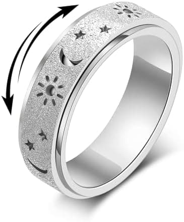 Fidget Ring Leker Voksne Angstavlastning Spinner Kvinner Menn Sol Måne Stjerne Silver Size 8