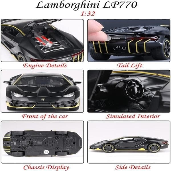 Samlarobjekt Lamborghini leksaksbil i svart legering, pull-back-bil, gjuten modell med ljus och ljud