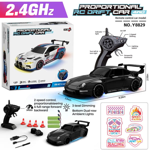 RC Driftbil, 1:24 Fjernstyret Bil med LED-lys, 3 Batterier Sort 3 Batteries Black