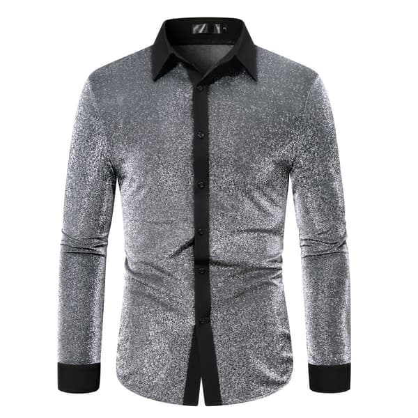 Herreknap foran langærmet glitter reverskrave skjorte, sølv, størrelse M Silver M