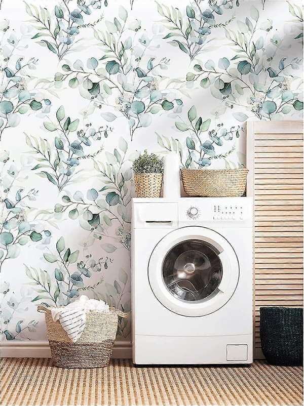 Selvklebende tapet, grønn/hvit eukalyptusblader og blomstermural, bohemsk stil dekorasjon for barnerom, 45cm X 3m