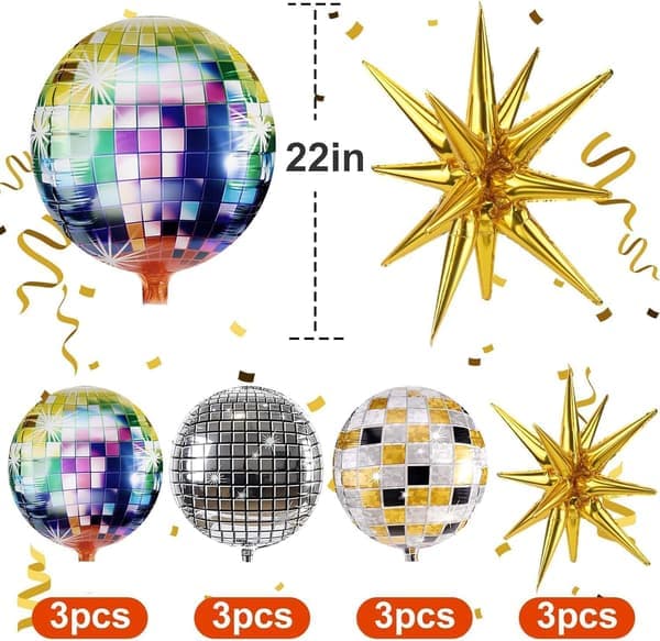 Diskokugleballoner, 12 diskoballoner, flerfarvede diskofolieballoner, 50 cm (22 tommer) 4D-balloner, velegnet til diskofester
