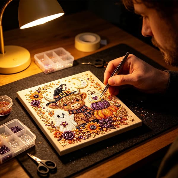 Halloween Spøgelse Perlemalingssæt til Voksne, Highland Ko Diamantkunst Sæt DIY Kits -04