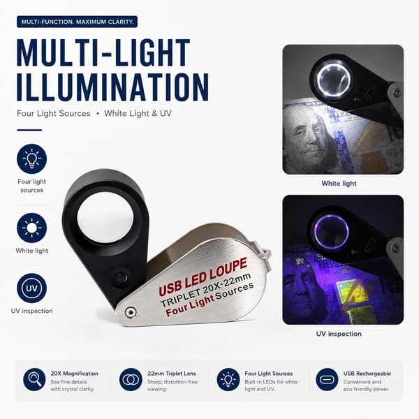 Gullsmedlupe 20x oppladbar med UV- og LED-lys, fire lysmoduser 20x Silver