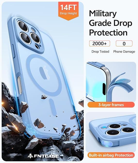 FNTCASE til iPhone 16 Pro Max-deksel, magnetisk matt gjennomskinnelig, fallbeskyttelse i militærklasse, støtsikkert tynt robust deksel Light blue