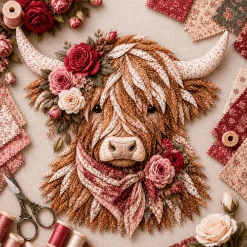 Fødselsblomst Highland Ko 3D Lagdelt Stofkunst DIY-sæt til voksne (T1PC) T1PC