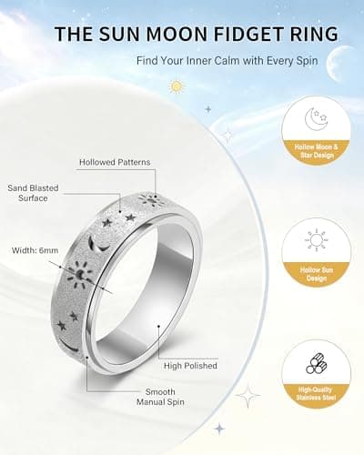Fidget Ring Leker Voksne Angstavlastning Spinner Kvinner Menn Sol Måne Stjerne Silver Size 8