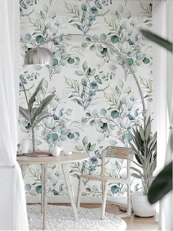 Selvklebende tapet, grønn/hvit eukalyptusblader og blomstermural, bohemsk stil dekorasjon for barnerom, 45cm X 3m