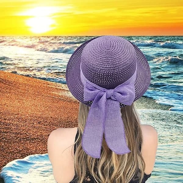 Solhat Foldbar Hat til Dame Kvinder Sommer Solhat Rullet Kant Strand Solhat Lilla