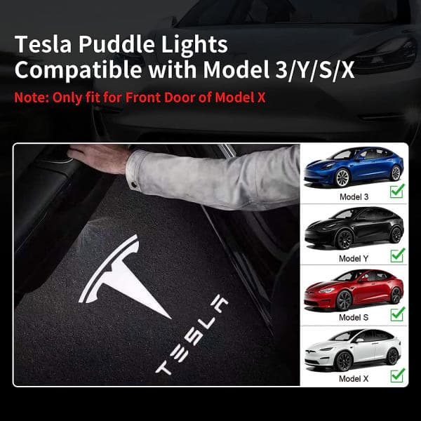 4 stk. Tesla Puddle Lights Bil Lampe Dørlys Logo Projektor, Ultralet LED 3D Laser Ghost Shadow Light, Invitationslys til Model 3 YSX Tilbehør