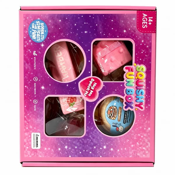 4-delad rosa Squishy Fun Box, kompakta blandade mat-sensoriska stressavlastningsleksaker i presentförpackning med fönster
