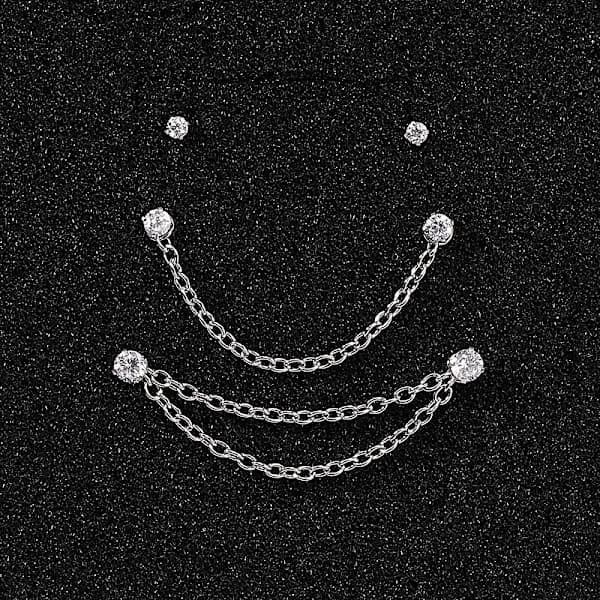 Kedja CZ Stud Näspiercing Set, 3 Storlekar 2mm-3mm, Punk Kroppssmycken, Guldton/Silver Silver