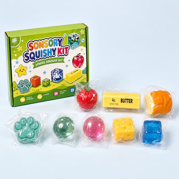 8-delt sensorisk squishy-sæt, assorterede mad-, pote- og terning-stressaflastningslegetøj, blød klemme-fidget-gaveæske
