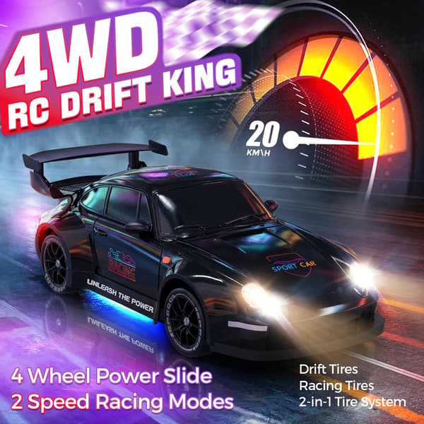 RC Driftbil, 1:24 Fjernstyret Bil med LED-lys 2 Batterier Sort 2 Batteries Black
