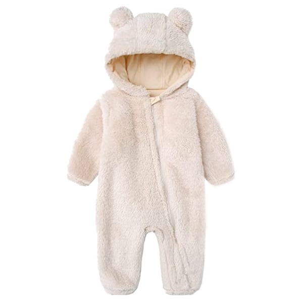 Newborn Hooded Fleece Rompers Long Sleeve Onesies -Beige vit