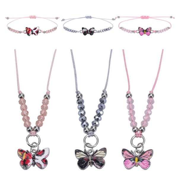 Färgade pärlor med fjärilar, halsband och armband 3 set