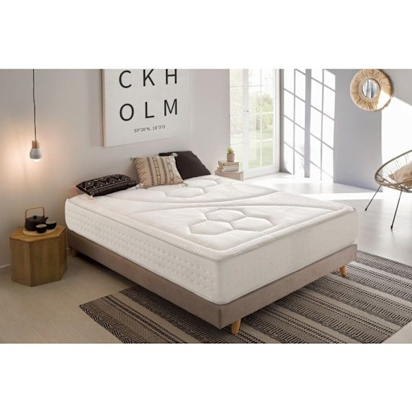 Patja 160x190 cm, Quantum Korkeatiheyksinen, Viskoelastinen + SupersoftFoam + Bioherm-kuidut: 6 cm - Moonia hvid