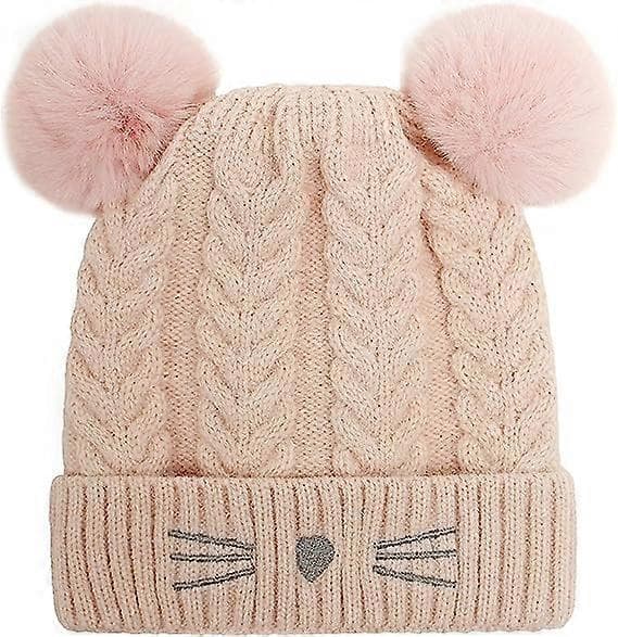 Stickad Katt-Vinterbollmössa för Småbarn, Beanie, Broderad, Varm, Bomullsull, Barnmössa