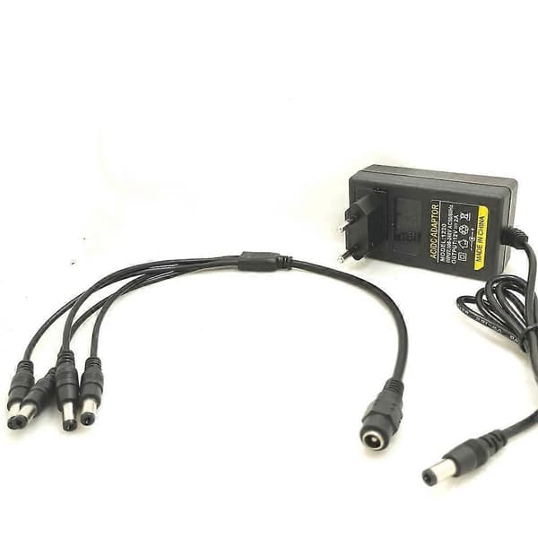 DC 12V 2A Strømadapter EU-stik med 4-vejs splitter til CCTV-kameraer, DVR, NVR