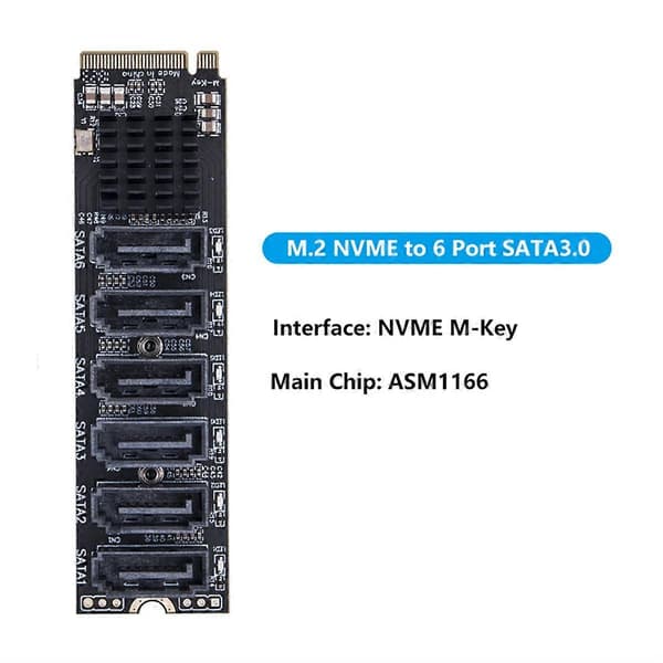 M.2 til Adapter, 6 Porter NVME til SATA3.0, M.2 PCI-E M Key Riser.