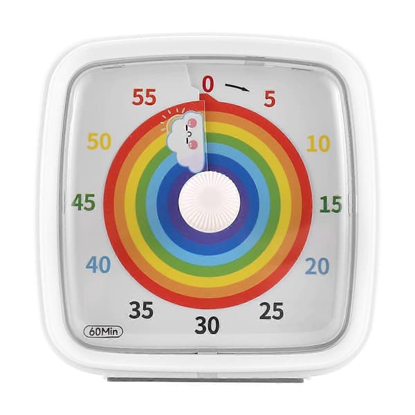 60-Minutters Visuel Timer med Natlys, Nedtællingstimer, Pomodoro Timer med Regnbue Mønster til Børn White