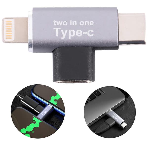 Type-C Naaras Lightning Uros + Type-C Uros 2-in-1 Matkapuhelin Tabletti Lataussovitin