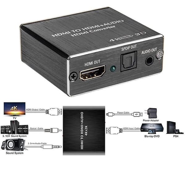 HDMI Stereo Audio Extractor Converter 4K * 2K HDMI til HDMI + Optisk SPDIF 3.5mm