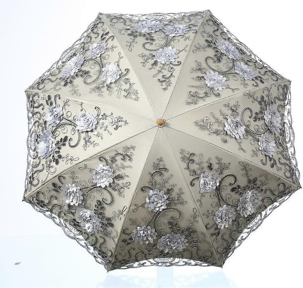 Broderad spets dubbeldäck Anti-UV Parasoll Sol/Regn/Snö Hopfällbart paraply Grey