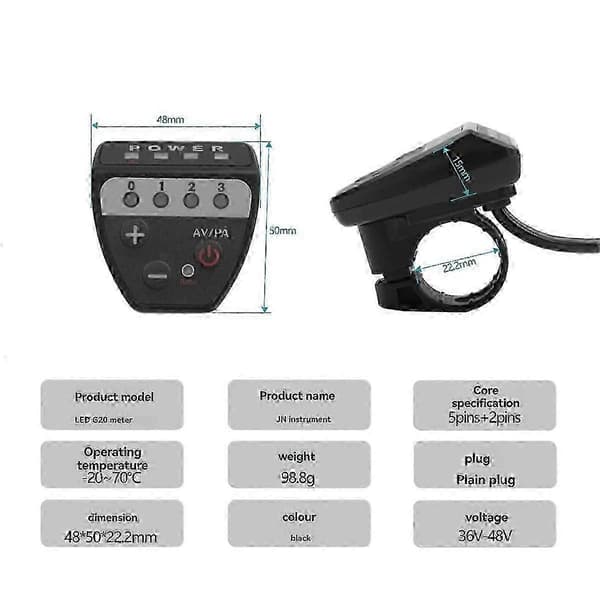 LED Kontrolpanel Display til E-cykel med 36V-48V G20 Meter og 5-Pin Vandtæt Stikforbindelse