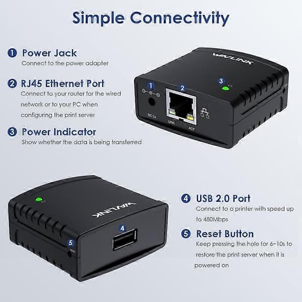 WAVLINK NU72P11 100Mbps Netværksprinterserver USB 2.0 Netværksprinter Strømadapter