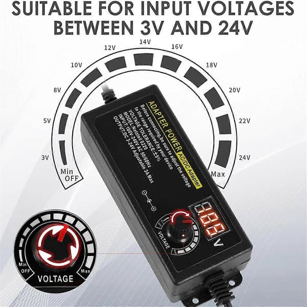 Strømadapter Strømforsyning, Justerbar AC/DC Adapter Omskifter, Egnet til DC 3V-24V LED Lig
