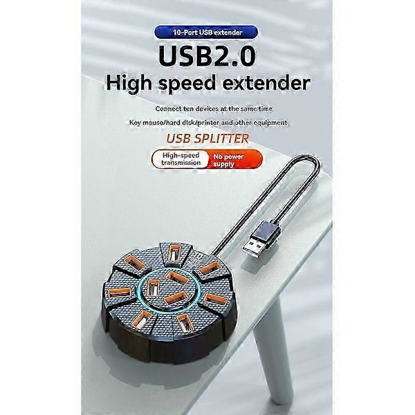 USB 2.0 Hub Multi Splitter Adapter 5Gbps Høj Hastighed USB Splitter Strømadapter Multiple Expander til PC Laptop, 10 Porte