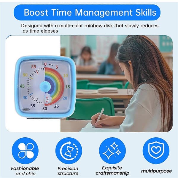 60-minutters visuel timer med natlys, nedtællingstimer, Pomodoro-timer med regnbuemønster til børn Blue