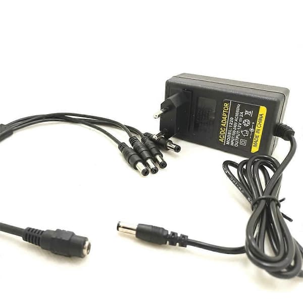 DC 12V 2A Strømadapter EU-plugg med 4-veis splitter for CCTV-kameraer, DVR, NVR