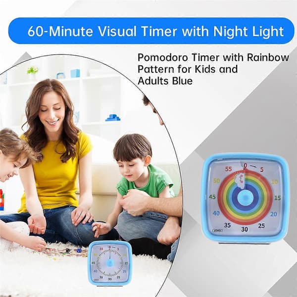 60-minutters visuel timer med natlys, nedtællingstimer, Pomodoro-timer med regnbuemønster til børn Blue