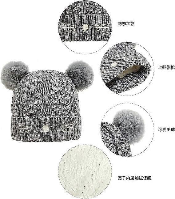 Stickad Katt-Vinterbollmössa för Småbarn, Beanie, Broderad, Varm, Bomullsull, Barnmössa