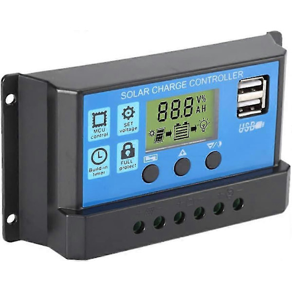 30A Solcelleladeregulator, 12V/24V Solcellepanel Laderegulator, Timerinnstilling PWM Auto Parameter - ya0