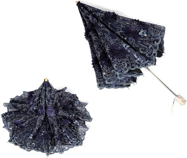 Broderad spets dubbeldäck Anti-UV Parasoll Sol/Regn/Snö Hopfällbart paraply Blue