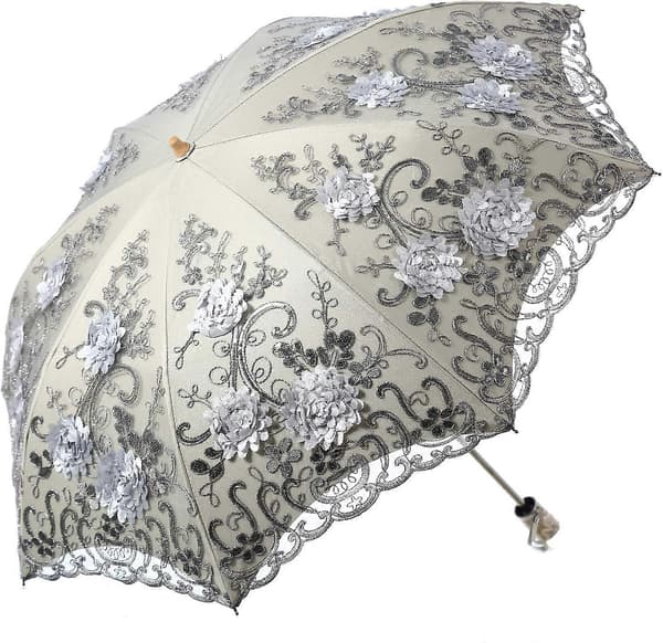 Broderad spets dubbeldäck Anti-UV Parasoll Sol/Regn/Snö Hopfällbart paraply Grey