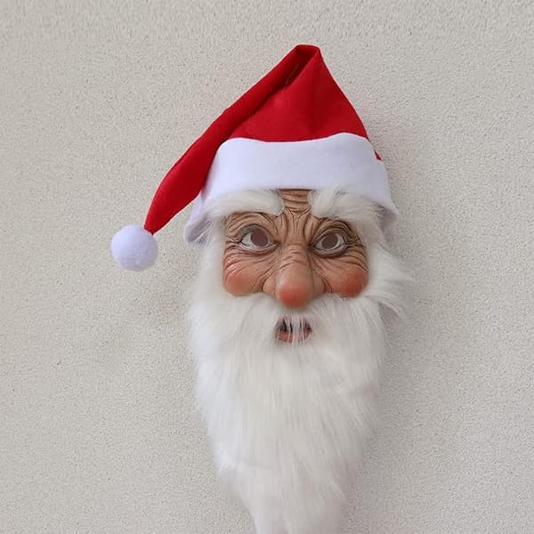 Julemaske, rød julehat, paryk, skæg, hætte