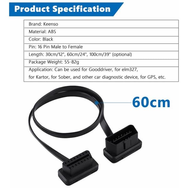 Bil 16-bens han til hun OBD2 forlængerkabel diagnostisk adapter 60 cm/24 tommer længde