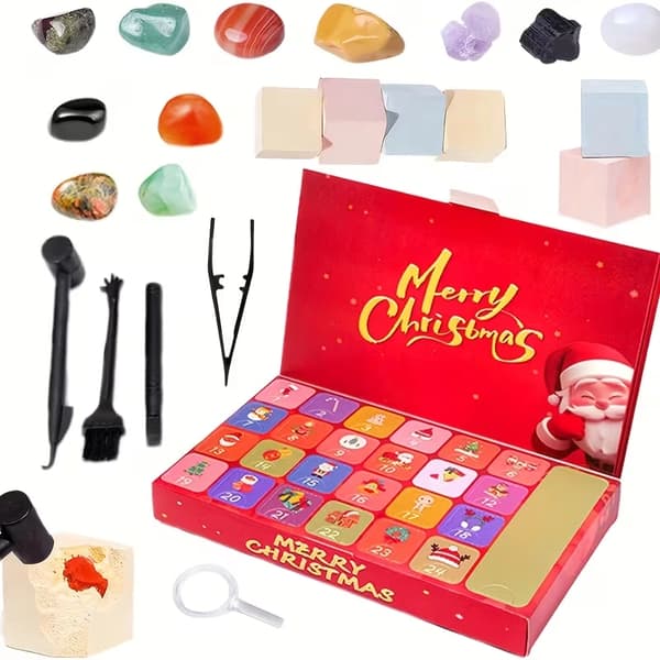 Julekrystallgraving Adventskalender - 24 Samleobjekter av Rå Edelstenskrystaller