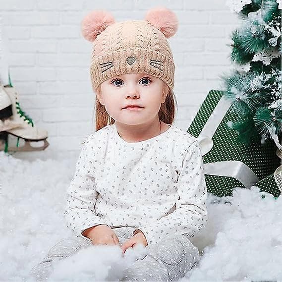 Stickad Katt-Vinterbollmössa för Småbarn, Beanie, Broderad, Varm, Bomullsull, Barnmössa