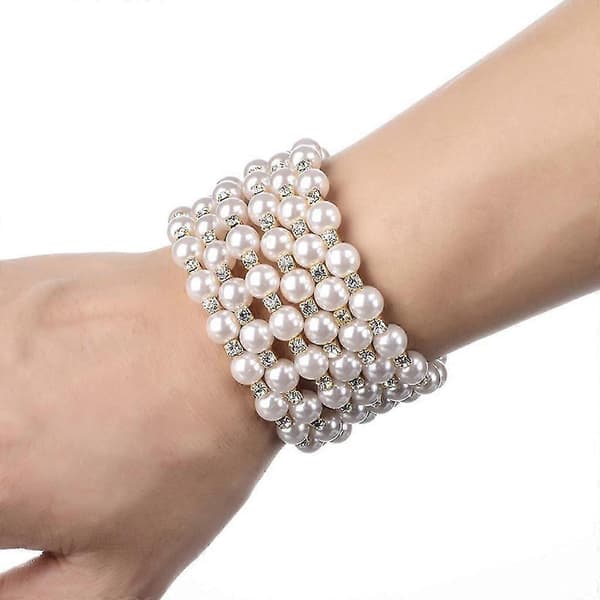 Glitrende Diamanter Perle Elastisk Armbånd - 7 Rækker Art Deco Brudesmykker Silver