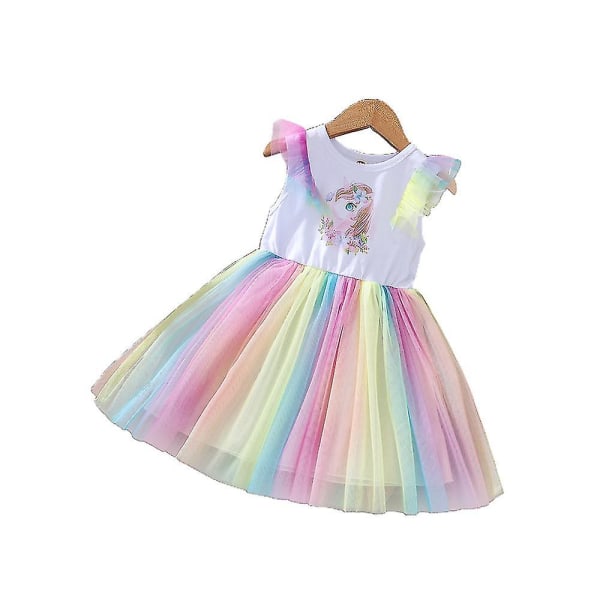 Barn Baby Flickor Volanger ärm Print Rainbow Swing Dress Födelsedagsfest Klänningar Födelsedagspresent Tmall 4-5 Years