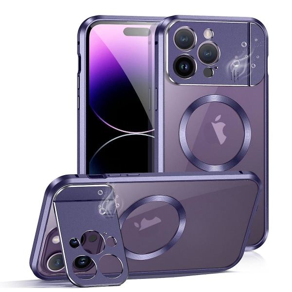 Metall Magsafe case kompatibelt med Iphone 15 Pro Max, linsskydd i legering Case med osynligt Kindstand Purple For iPhone 15 Pro Max