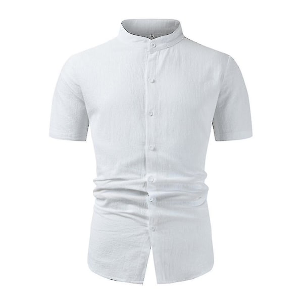 Ståkrage för män Button Down-skjortor Kortärmad bomull Linnelook Strand Casual Snygg sommarskjorta Toppar White 2XL