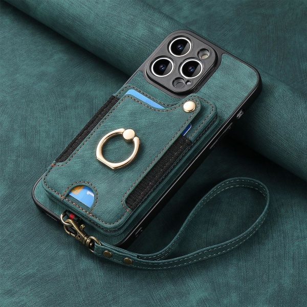 Plånbok Rfid Kreditkortshållare Ring Stativ Phone case För Iphone 15 Pro/15 Pro Max 15 Ultra Med handledsrem green iPhone 15 Pro